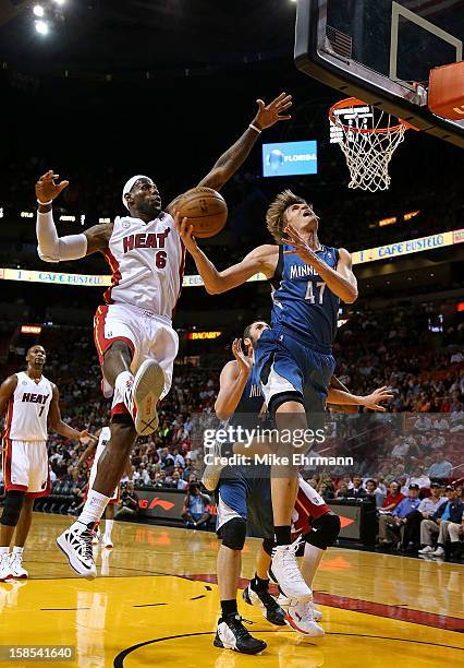 Andrei Kirilenko of the Minnesota Timberwolves drives against LeBron James of the Miami Heat during a game at American Airlines Arena on December 18,...