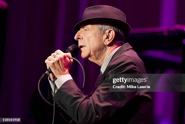 Musician Leonard Cohen performs at Madison Square Garden on December 18, 2012 in New York City.