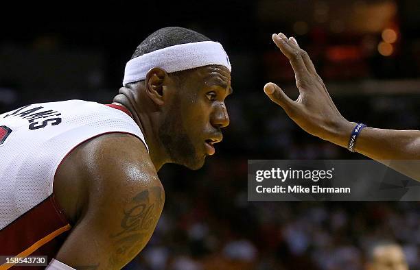 LeBron James of the Miami Heat looks to pass during a game against the Minnesota Timberwolves at American Airlines Arena on December 18, 2012 in...