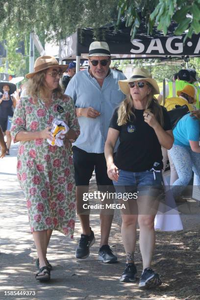 Alfred Molina is seen picketing with SAG-AFTRA and WGA members outside of Warner Brothers studios on August 8, 2023 in Burbank, California.