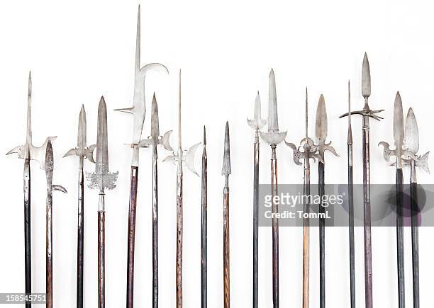 halberds on a white wall - halberd stock pictures, royalty-free photos & images