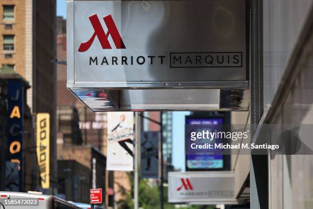The New York Marriott Marquis in Time Square signage is seen on August 01, 2023 in New York City.Marriott International Inc. Reported that their...