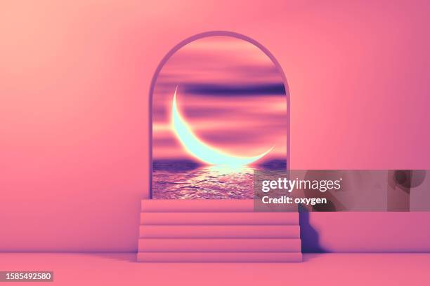 3d rendering abstract geometric pink arch gate and podiums steps background. moon neon light glow balalnce elements composition water reflection. digital calm spaces metaverse. minimalism pink background - magic door stock pictures, royalty-free photos & images