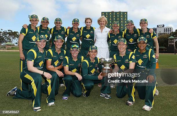 The Governor-General of Australia Quentin Bryce poses with the Australian team and the Rose Bowl after Australia won game four of the Women's One-day...