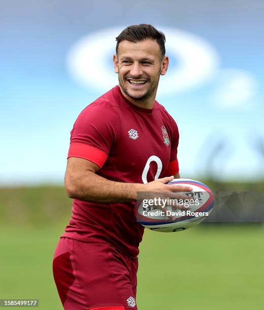 Danny Care holds onto the ball during the England training session held at Pennyhill Park on August 01, 2023 in Bagshot, England.