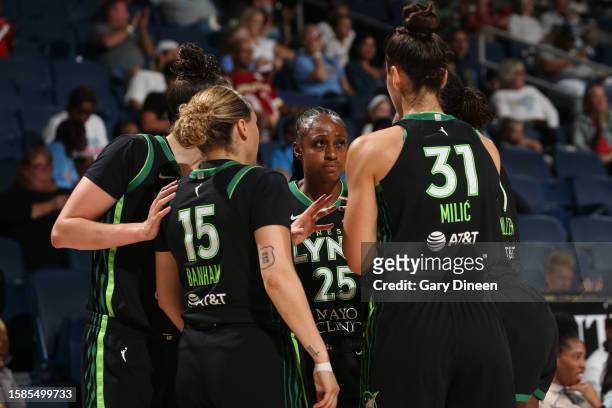 The Minnesota Lynx huddle up during the game against the Chicago Sky on August 8, 2023 at the Wintrust Arena in Chicago, IL. NOTE TO USER: User...