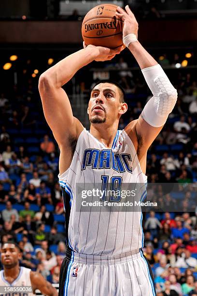 Gustavo Ayon of the Orlando Magic shoots a free-throw against the Minnesota Timberwolves on December 17, 2012 at Amway Center in Orlando, Florida....