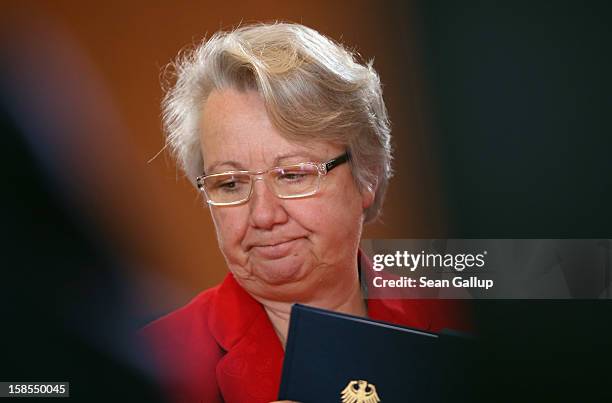 German Education Minister Annette Schavan arrives for the weekly German government cabinet meeting the day after a university commission announced it...