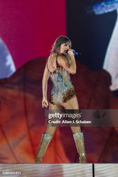 Inglewood, CA Taylor Swift performs during The Eras Tour at SoFi Stadium in Inglewood Monday, Aug. 7, 2023.