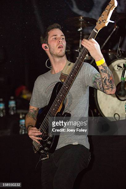 Bassist David Flinn of Chelsea Grin performs at The Irving Theater on December 18, 2012 in Indianapolis, Indiana.
