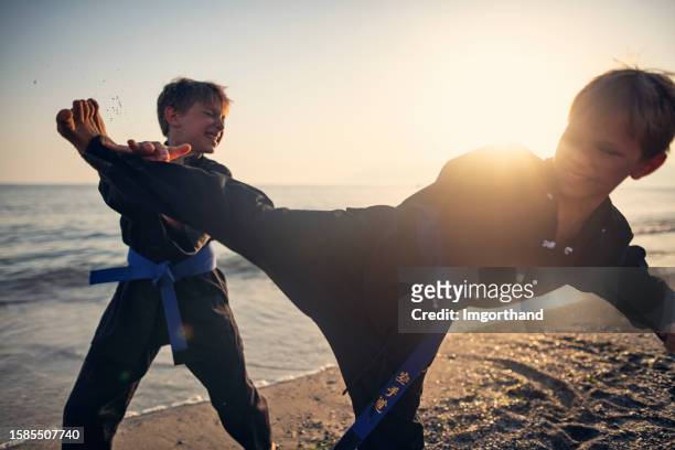 little kung fu boys practicing martial arts on beach - kung fu stock pictures, royalty-free photos & images