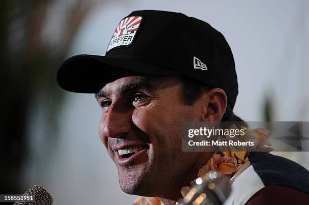 Australian surfer Joel Parkinson speaks to media representatives during a press conference at the Gold Coast airport on December 19, 2012 on the Gold...