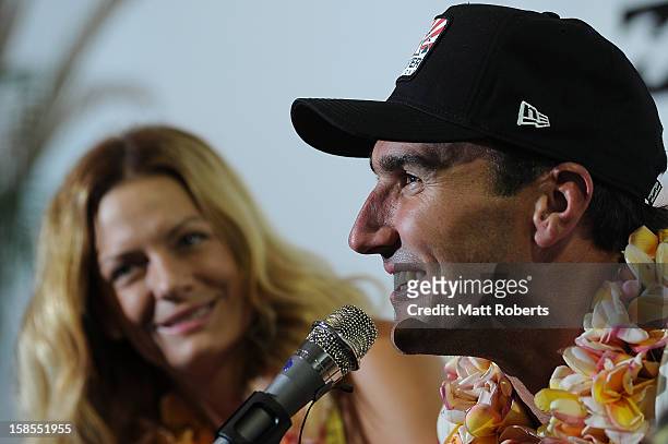 Australian surfer Joel Parkinson speaks to media representatives during a press conference at the Gold Coast airport on December 19, 2012 on the Gold...