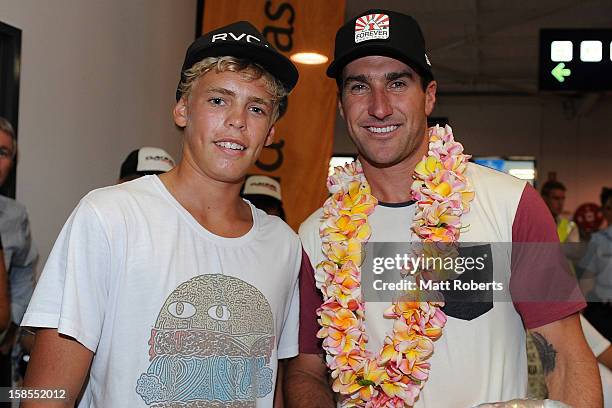 Australian surfer Joel Parkinson arrives home at the Gold Coast airport on December 19, 2012 on the Gold Coast, Australia. Parkinson won the Pipeline...