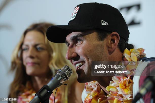 Australian surfer Joel Parkinson speaks to media representatives during a press conference at the Gold Coast airport on December 19, 2012 on the Gold...