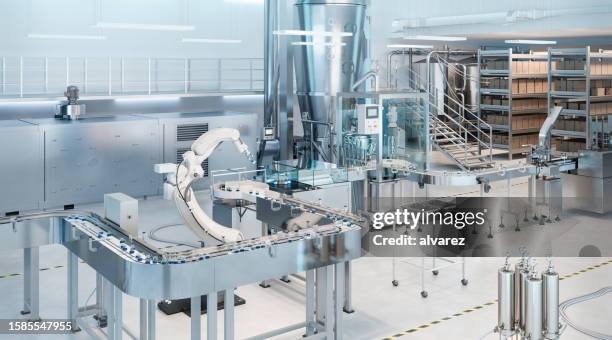 3d rendering of an automatic medicine manufacturing plant - pharma manufacturing stock pictures, royalty-free photos & images