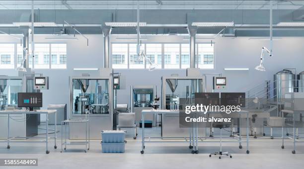 immagine generata digitalmente del laboratorio di ispezione nella fabbrica di produzione di medicinali - senza persone foto e immagini stock