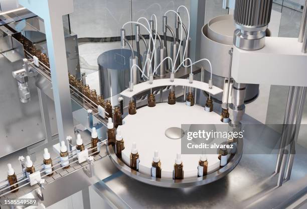 3d-rendering einer automatischen anlage zur herstellung von medikamenten - abfüllanlage stock-fotos und bilder