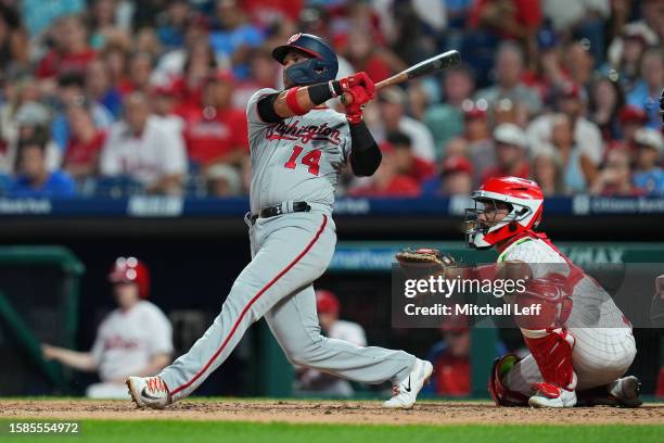 Ildemaro Vargas of the Washington Nationals hits a two-run home run in the top of the fourth inning against the Philadelphia Phillies during Game Two...