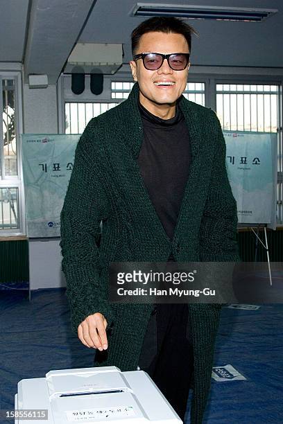 Park Jin-Young aka J.Y. Park or JYP casts his ballot for the presidential election at a polling station on December 19, 2012 in Seoul, South Korea....