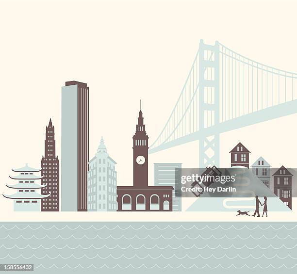 ilustraciones, imágenes clip art, dibujos animados e iconos de stock de san francisco a pie - torre de reloj