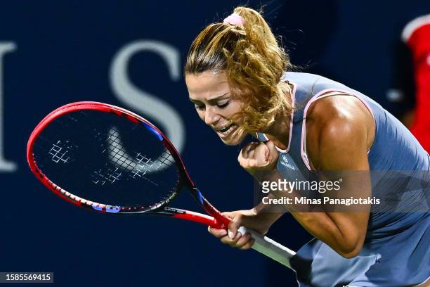 Camila Giorgi of Italy celebrates after defeating Bianca Andreescu of Canada 6-3, 6-2 on Day 2 during the National Bank Open at Stade IGA on August...