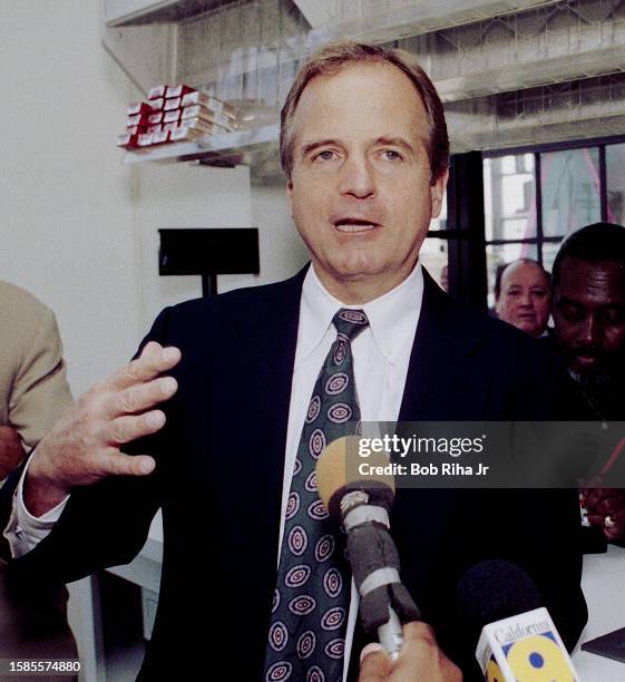 Former Major League Baseball Commissioner and Chairman of LA Organizing Committee Peter Ueberroth attends a re-opening of store destroyed during LA...