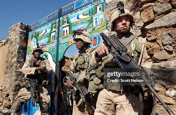 Soldiers from the U.S. Army 82nd Airborne Division conduct a sweep of homes November 2, 2002 in the village of Naray in southeastern Afghanistan. The...