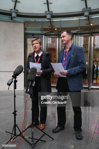 Newsnight journalists Meirion Jones and Liz Mackean deliver a statement to the media outside BBC Broadcasting House on December 19, 2012 in London,...