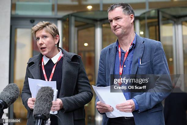 Newsnight journalists Meirion Jones and Liz Mackean deliver a statement to the media outside BBC Broadcasting House on December 19, 2012 in London,...