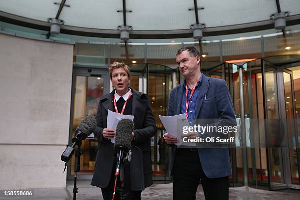 Newsnight journalists Meirion Jones and Liz Mackean deliver a statement to the media outside BBC Broadcasting House on December 19, 2012 in London,...