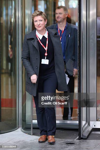 Newsnight journalists Meirion Jones and Liz Mackean prepare to deliver a statement to the media outside BBC Broadcasting House on December 19, 2012...