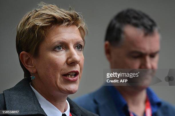 Newsnight journalist Liz Mackean talks next to colleague Meirion Jones as the pair make statements to the media at BBC Broadcasting House in London...
