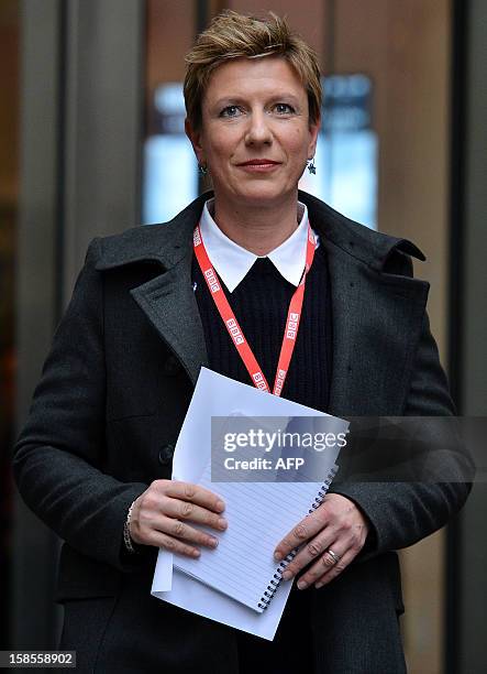 Newsnight journalist Liz Mackean walks out to make a statement to the media at BBC Broadcasting House in London on December 19, 2012 after the...