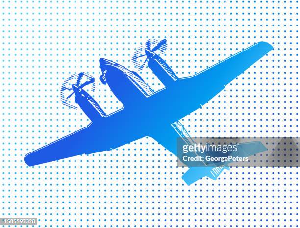 stockillustraties, clipart, cartoons en iconen met twin propeller airplane flying - turboprop motor