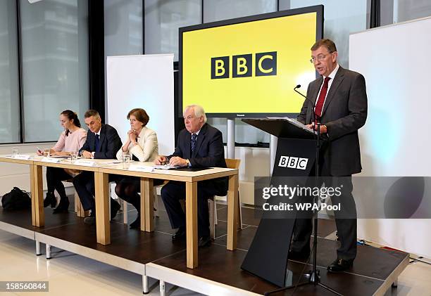 Author of the 'Pollard Review' Nick Pollard discusses his report during a press conference at BBC Broadcasting House as Alison Hastings ,Chair of the...