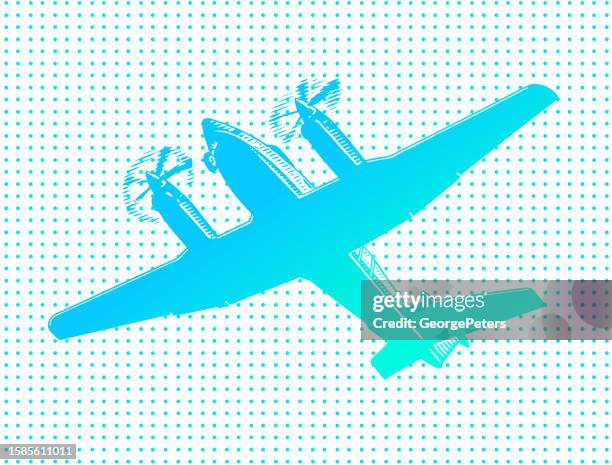 stockillustraties, clipart, cartoons en iconen met twin propeller airplane flying - turboprop motor