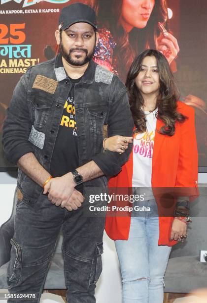 Raaj Shaandilyaa and Ektaa Kapoor attend the trailer launch of film 'DreamGirl 2' on August 01, 2023 in Mumbai, India