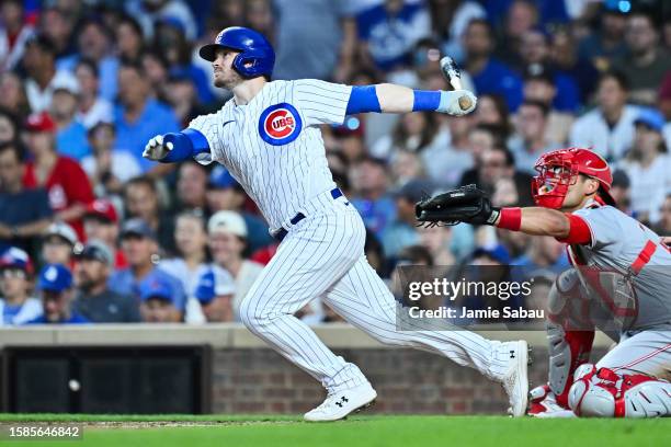 Ian Happ of the Chicago Cubs bats against the Cincinnati Reds at Wrigley Field on July 31, 2023 in Chicago, Illinois.