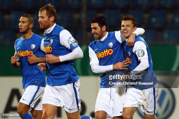 Zklatko Dedic of Bochum celebrates the first goal with Mirkan Aydin during the DFB cup round of sixteen match between VfL Bochum and 1860 Muenchen at...