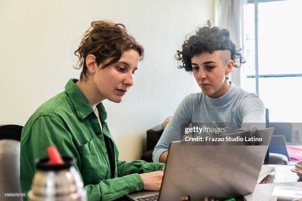 Female friends using laptop while studying at home