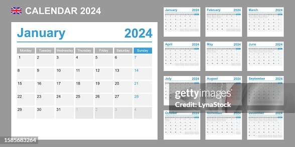 UK calendar for 2024. Week starts on Monday. Simple vector template. Business design planner. UK calendar for 2024. Week starts on Monday. Simple vector template. Business design planner.