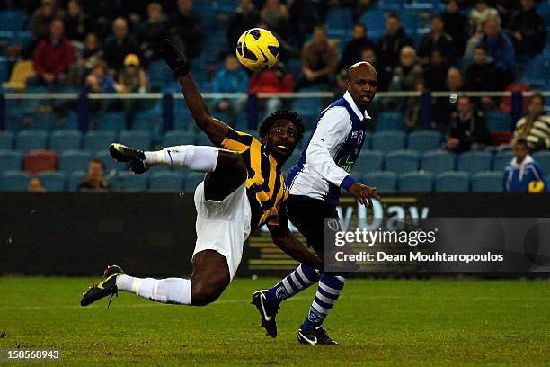 Wilfried Bony of Vitesse shoots and scores the fourth goal of the game during the KNVB Dutch Cup match between Vitesse Arnhem and ADO 20 at Gelredome...