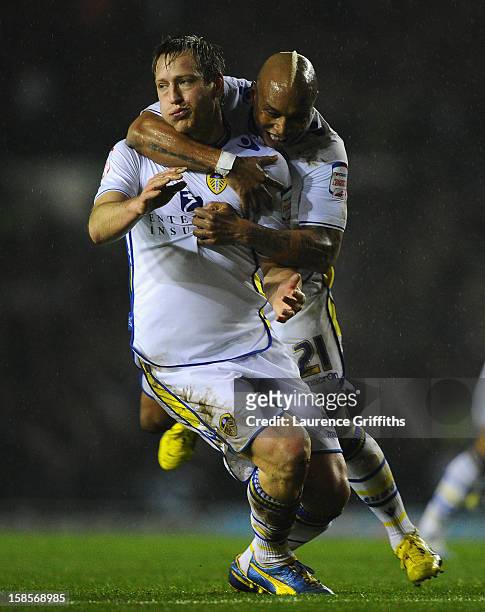 Luciano Becchio of Leeds United celebrates scoring the opening goal with team-mate El-Hadji Diouf during the Capital One Cup Quarter-Final match...