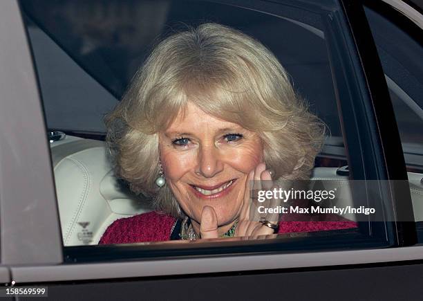 Camilla, Duchess of Cornwall attends a Christmas lunch for members of the Royal Family hosted by Queen Elizabeth II at Buckingham Palace on December...