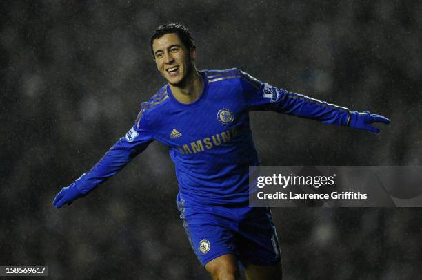 Eden Hazard of Chelsea celebrates scoring his team's fourth goal to make the score 1-4 during the Capital One Cup Quarter-Final match between Leeds...
