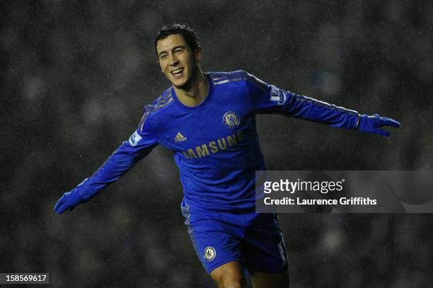Eden Hazard of Chelsea celebrates scoring his team's fourth goal to make the score 1-4 during the Capital One Cup Quarter-Final match between Leeds...