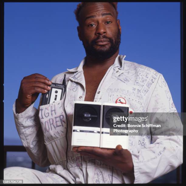 Musician George Clinton holds speakers in Los Angeles in 1981.