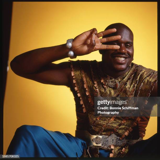 Athlete and actor Shaquille O'Neal poses in costume for the family film Kazaam in Los Angeles in 1996.