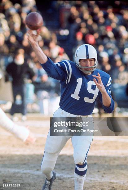 Quarterback Johnny Unitas of the Baltimore Colts throws a pass during an NFL football game circa 1970 at Memorial Stadium in Baltimore, Maryland....